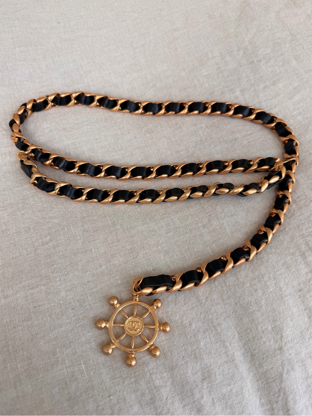 Iconic Gold and Black Chain Belt with Nautical Wheel Charm✨